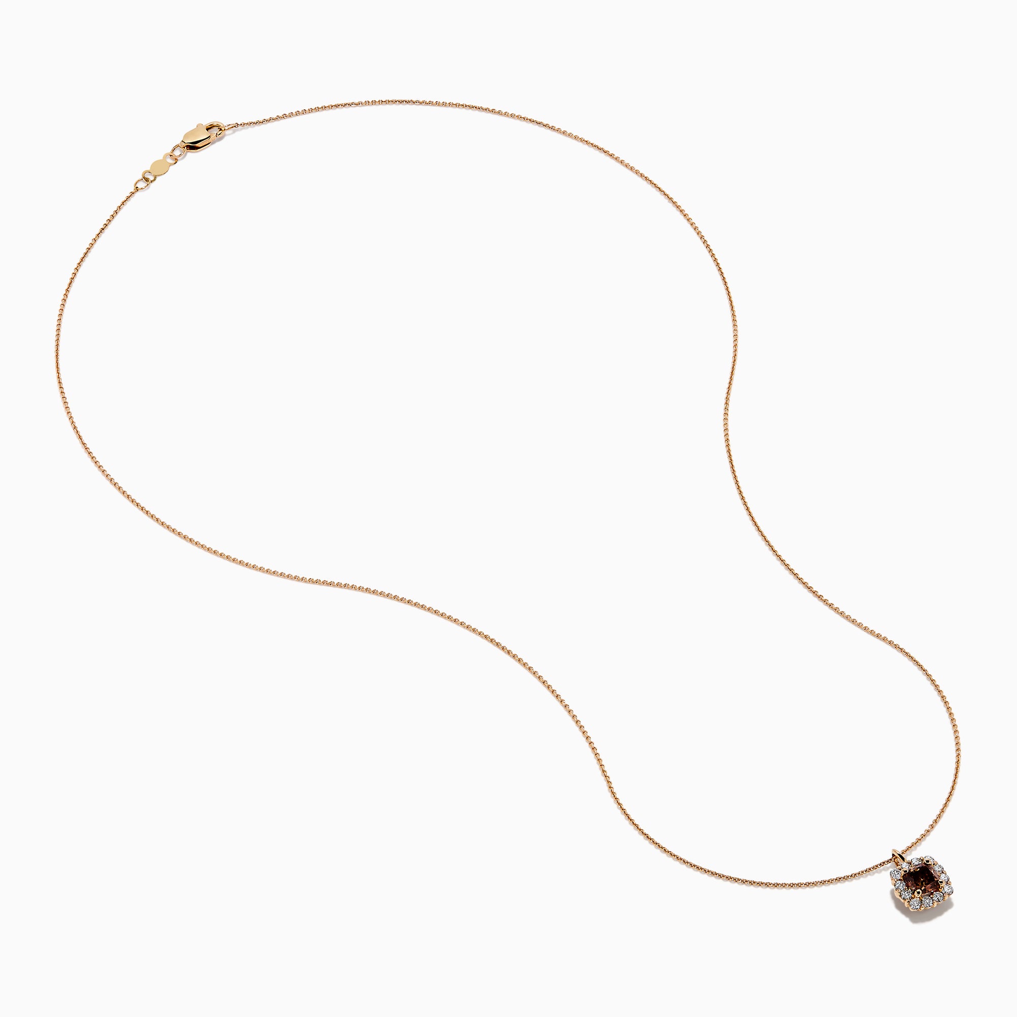 The Espresso 14K Rose Gold Brown and White Diamond Pendant features a square design with a central espresso gemstone, surrounded by clear sparkling stones on a rose gold chain.
