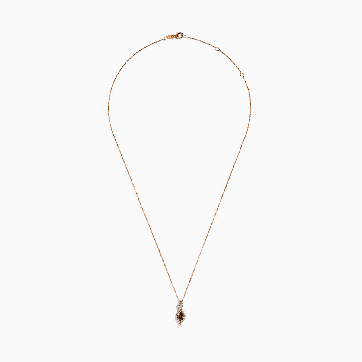 The 14K Rose Gold Brown and White Diamond Pendant features a marquise-shaped brown gemstone at its center, highlighted by a twisting design set with sparkling brown and white diamonds.
