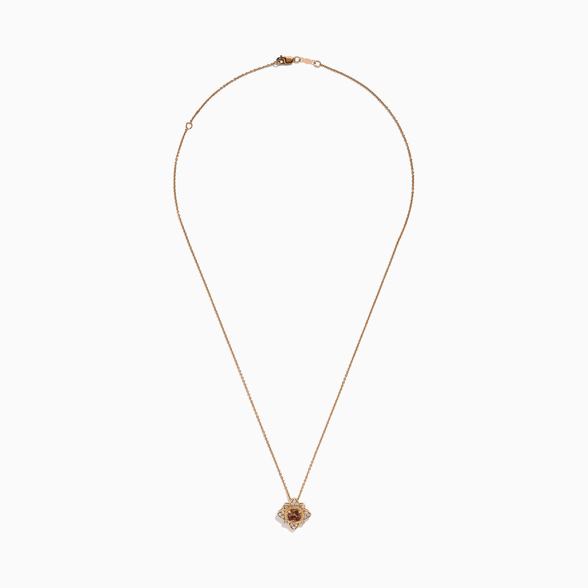 The 14K Rose Gold Brown and White Diamond Pendant features a flower-shaped design with a central brown and white diamond, accented by clear stones, shown on a white background.