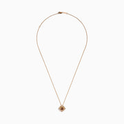 The 14K Rose Gold Brown and White Diamond Pendant features a flower-shaped design with a central brown and white diamond, accented by clear stones, shown on a white background.