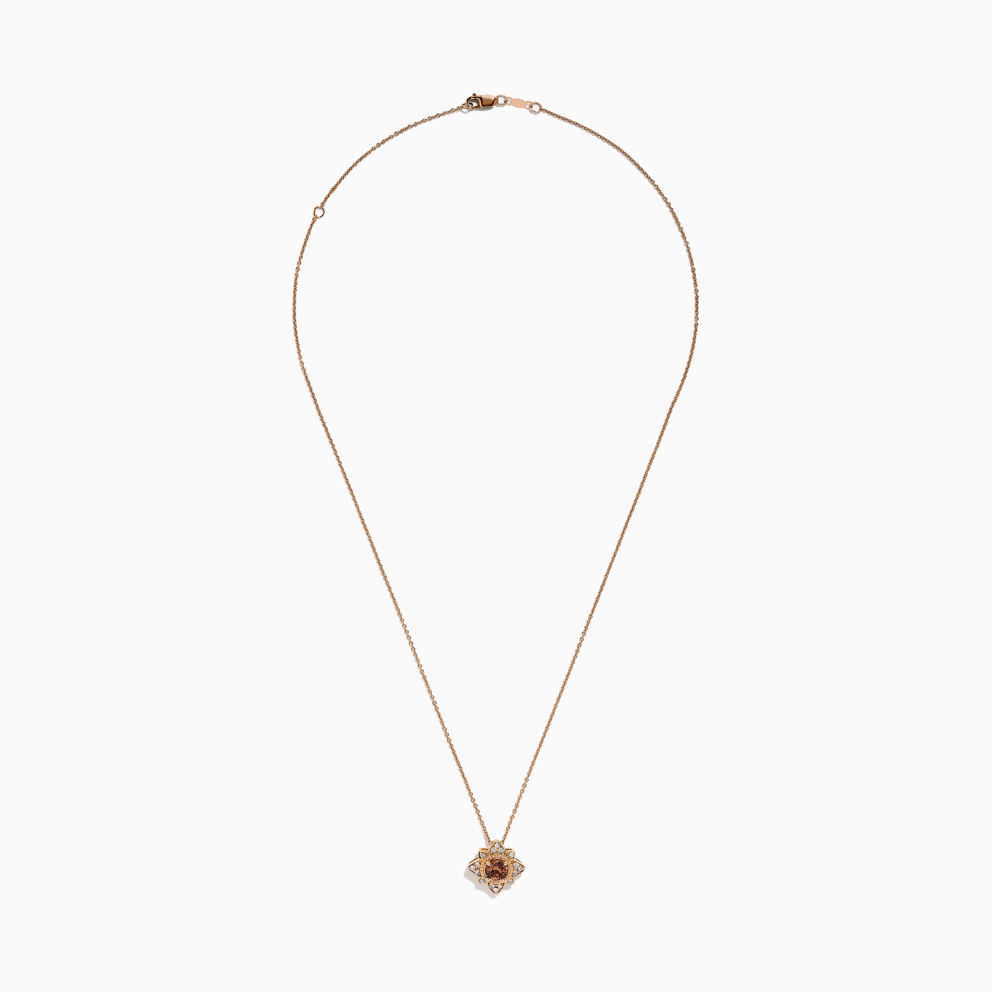 The 14K Rose Gold Brown and White Diamond Pendant features a flower-shaped design with a central brown and white diamond, accented by clear stones, shown on a white background.