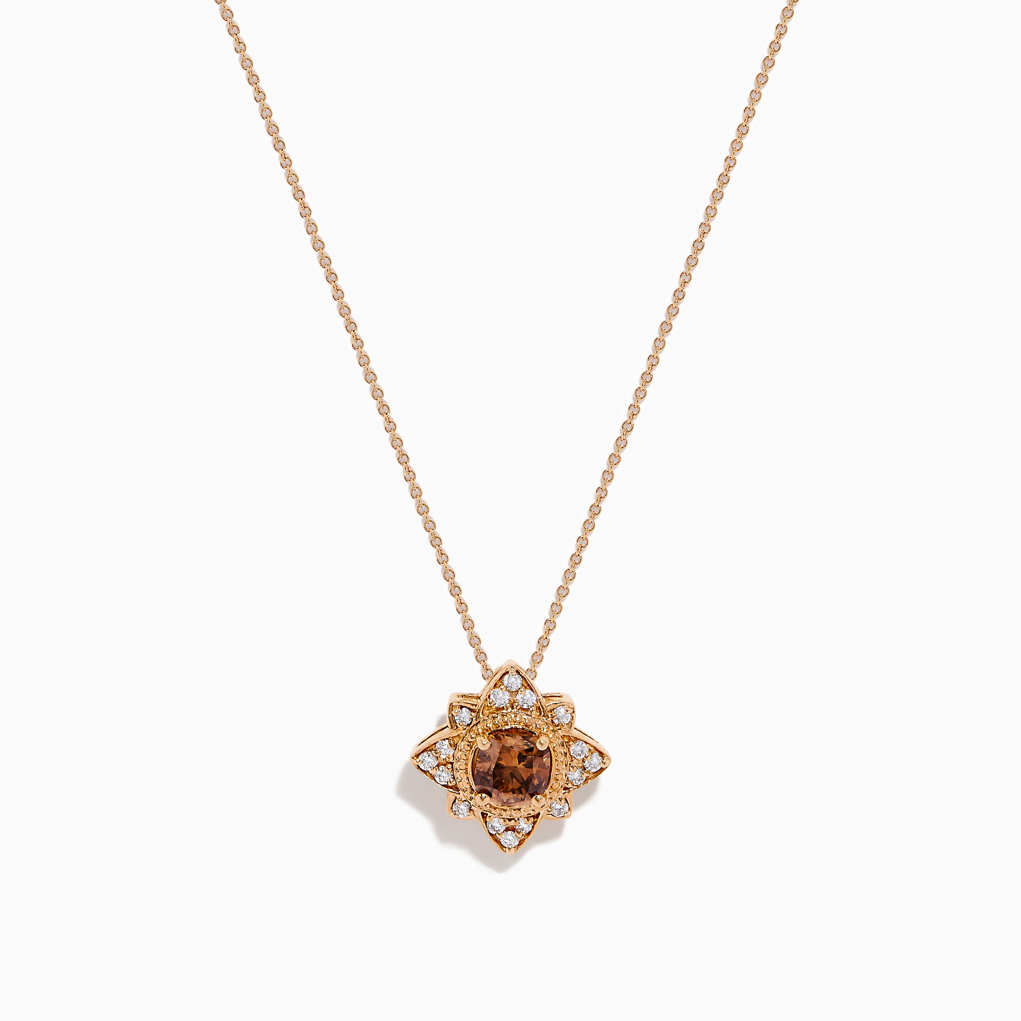 The 14K Rose Gold Brown and White Diamond Pendant features a flower-shaped design with a central brown and white diamond, accented by clear stones, shown on a white background.