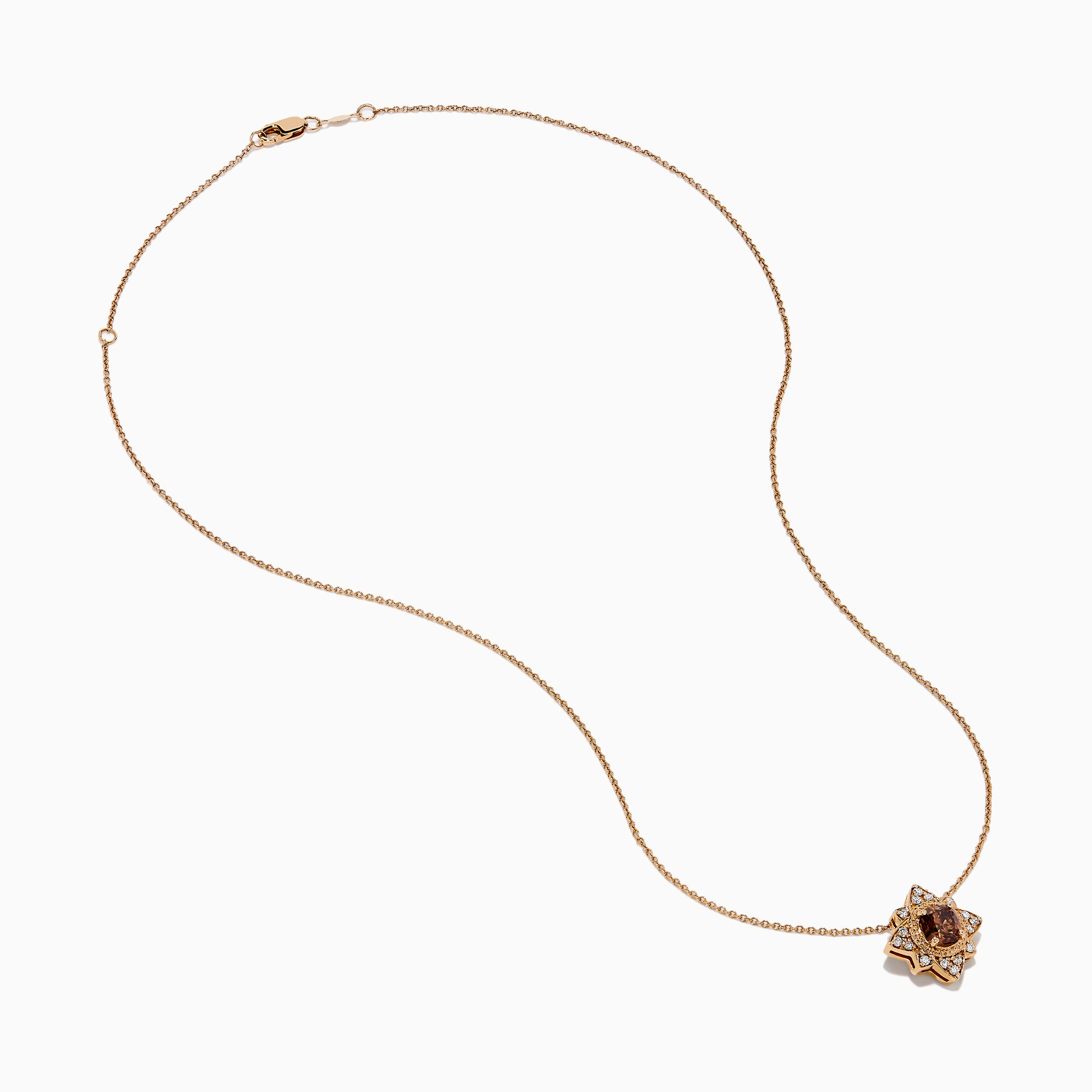 The 14K Rose Gold Brown and White Diamond Pendant features a flower-shaped design with a central brown and white diamond, accented by clear stones, shown on a white background.