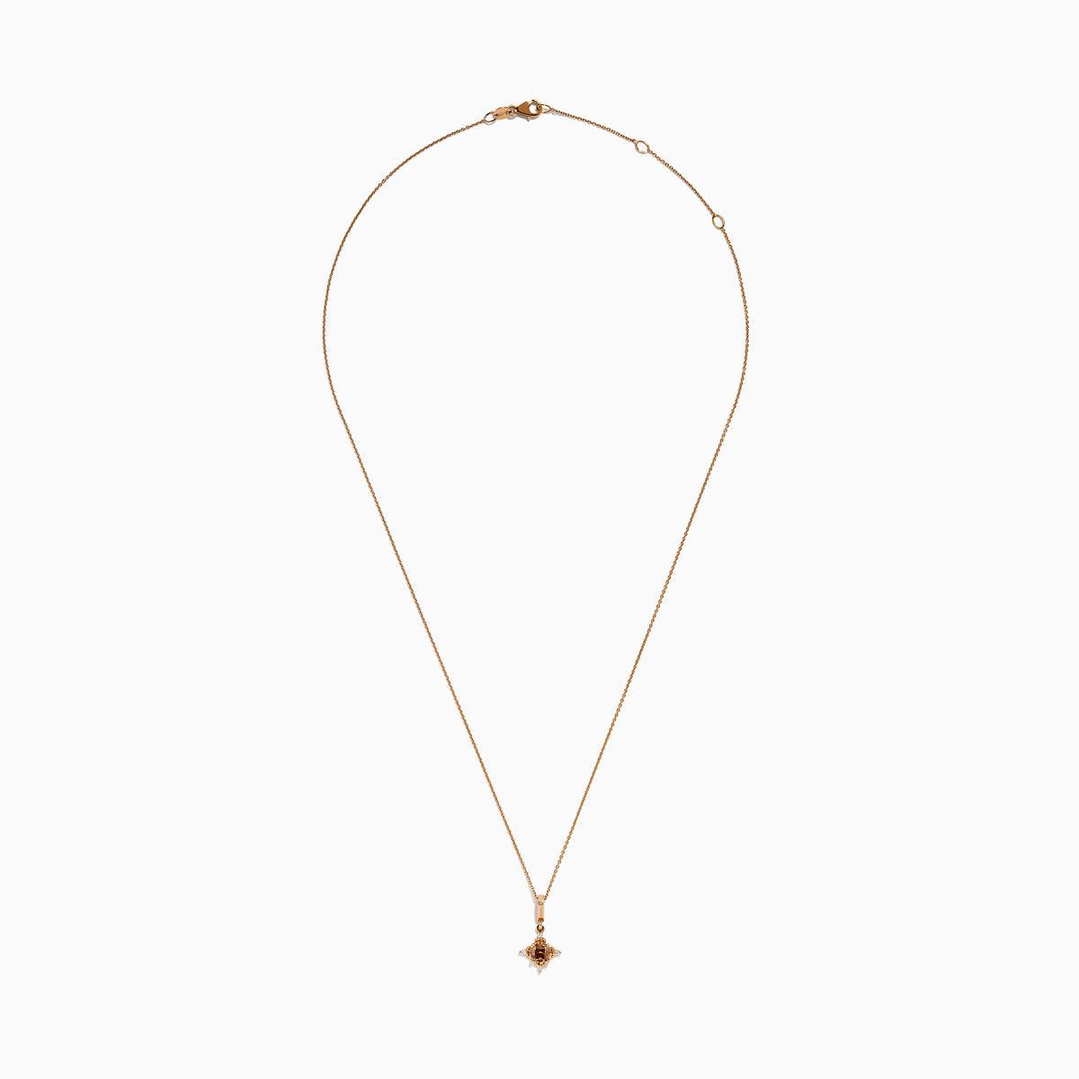 A 14K rose gold chain necklace featuring a pendant with brown and white diamonds.
