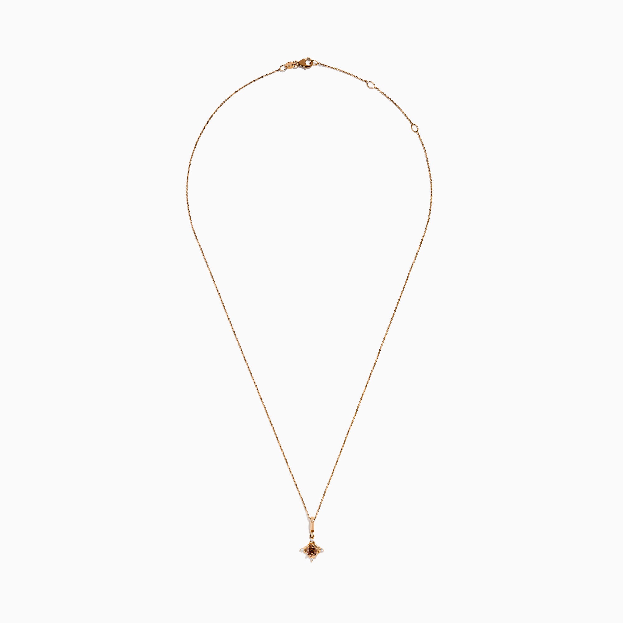 A 14K rose gold chain necklace featuring a pendant with brown and white diamonds.