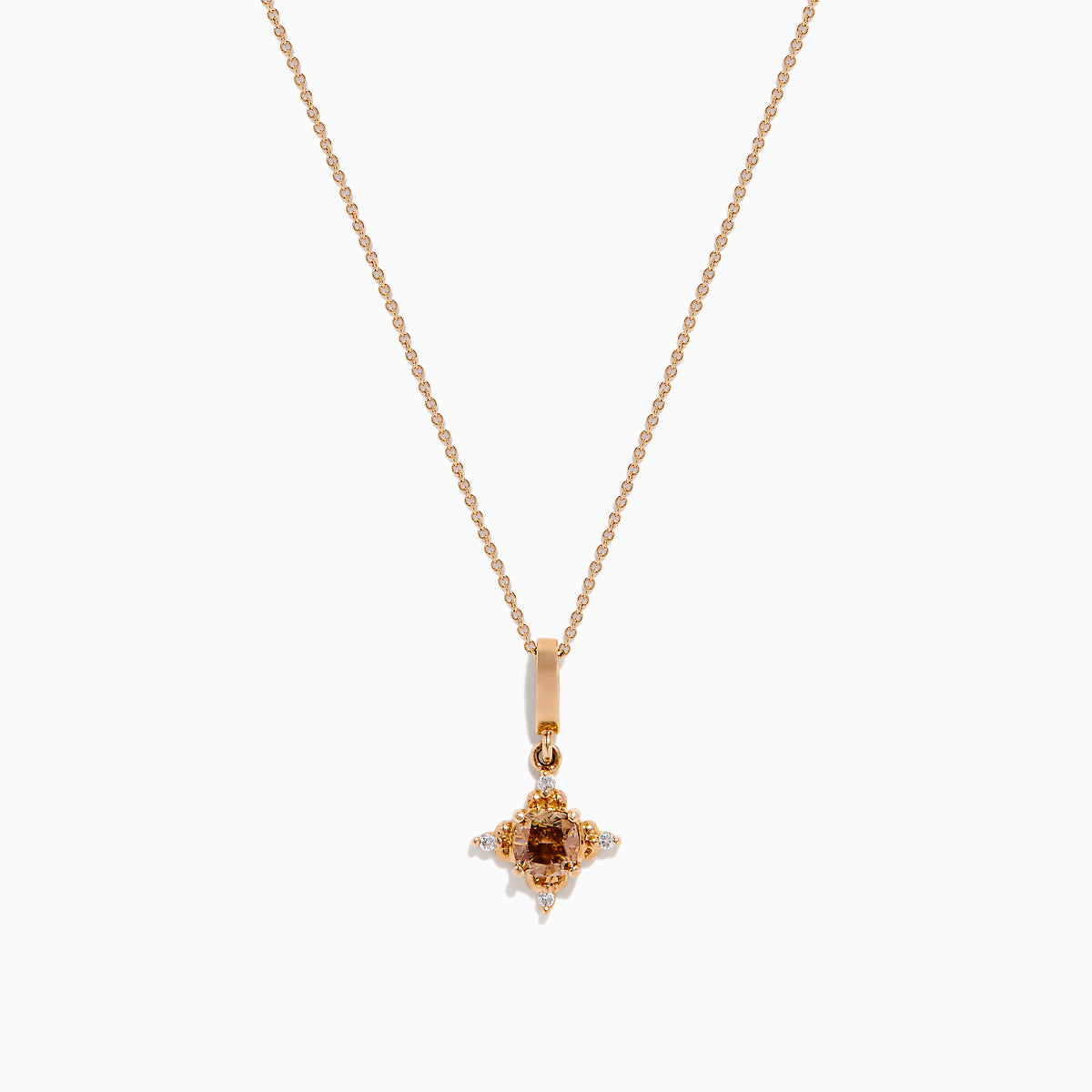 A 14K rose gold chain necklace featuring a pendant with brown and white diamonds.