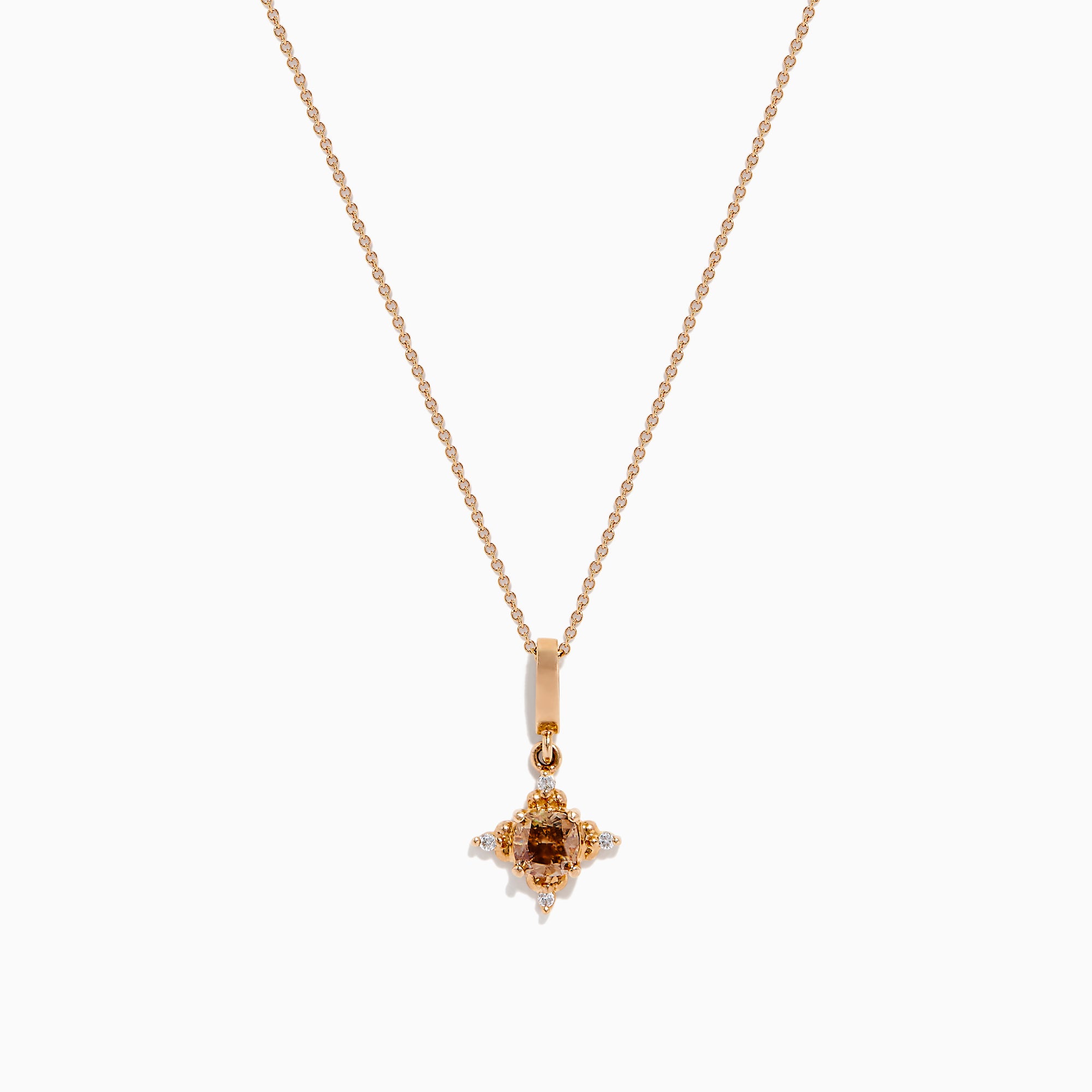 A 14K rose gold chain necklace featuring a pendant with brown and white diamonds.