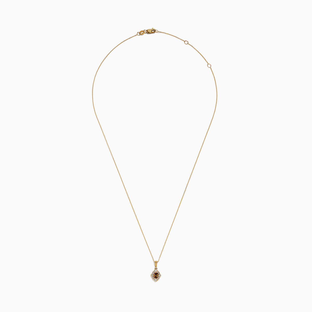 The 14K Yellow Gold Brown and White Diamond Pendant features a delicate gold chain with a central brown diamond, accented by smaller white diamonds in a floral-inspired design.