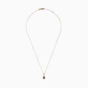 The 14K Yellow Gold Brown and White Diamond Pendant features a delicate gold chain with a central brown diamond, accented by smaller white diamonds in a floral-inspired design.
