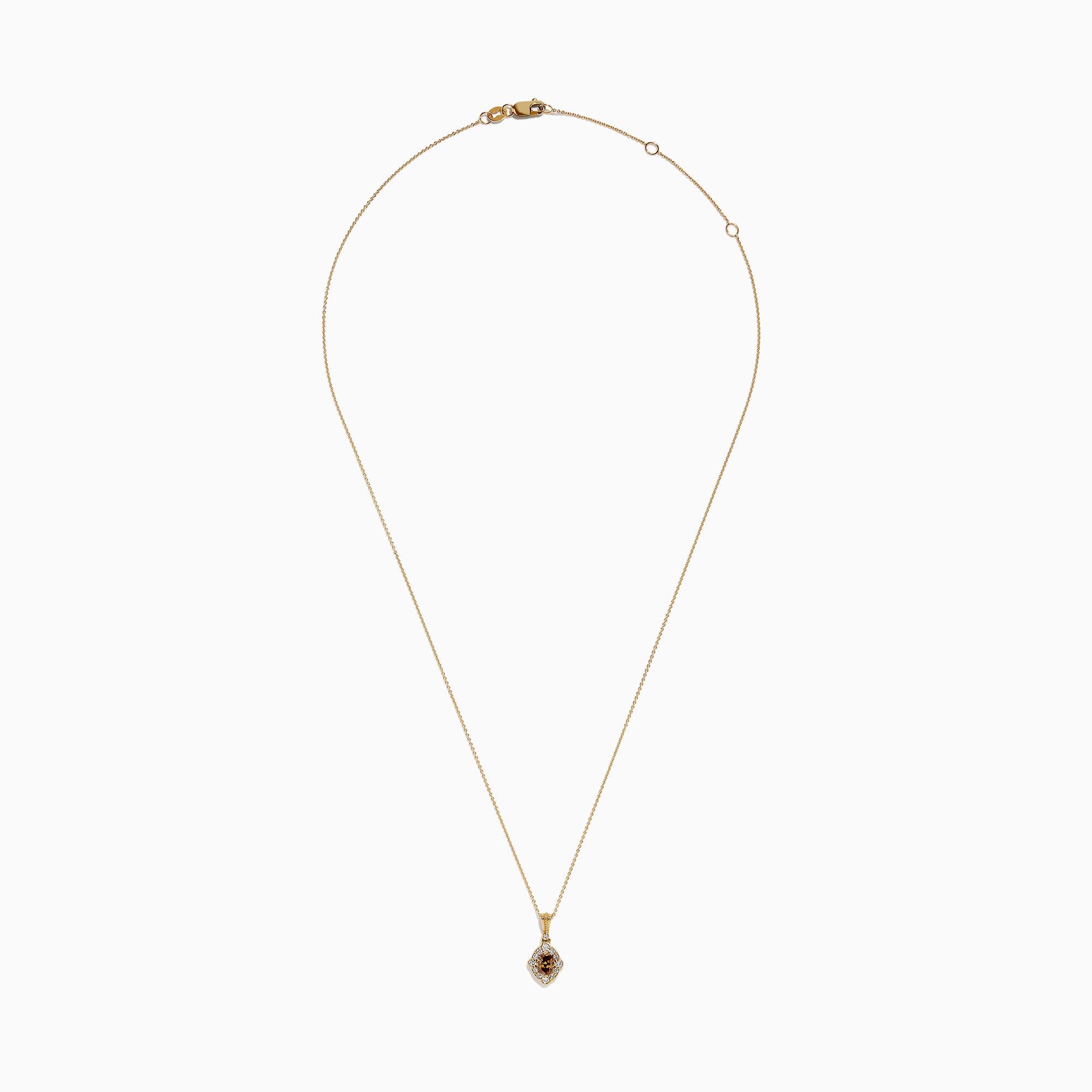 The 14K Yellow Gold Brown and White Diamond Pendant features a delicate gold chain with a central brown diamond, accented by smaller white diamonds in a floral-inspired design.