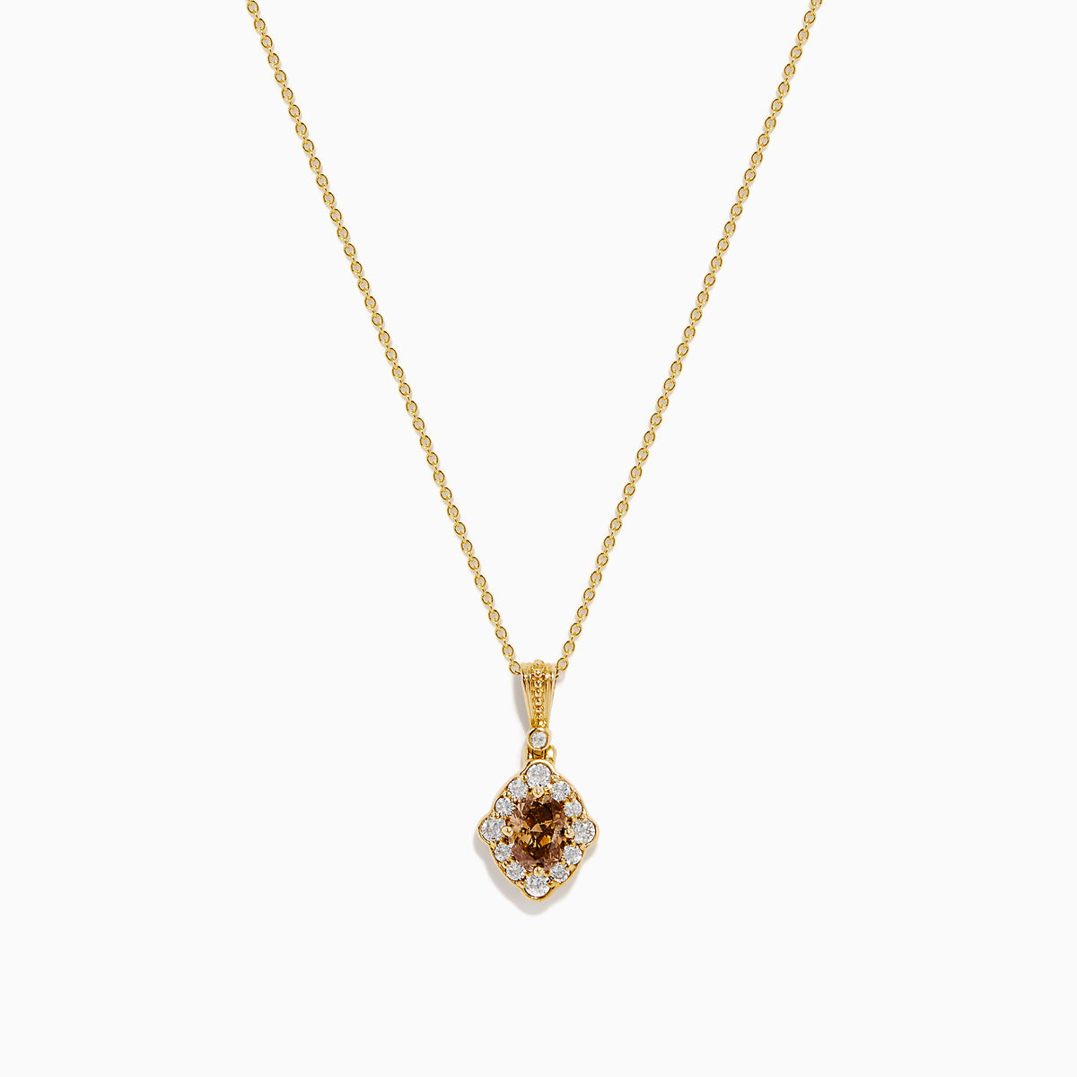 The 14K Yellow Gold Brown and White Diamond Pendant features a delicate gold chain with a central brown diamond, accented by smaller white diamonds in a floral-inspired design.