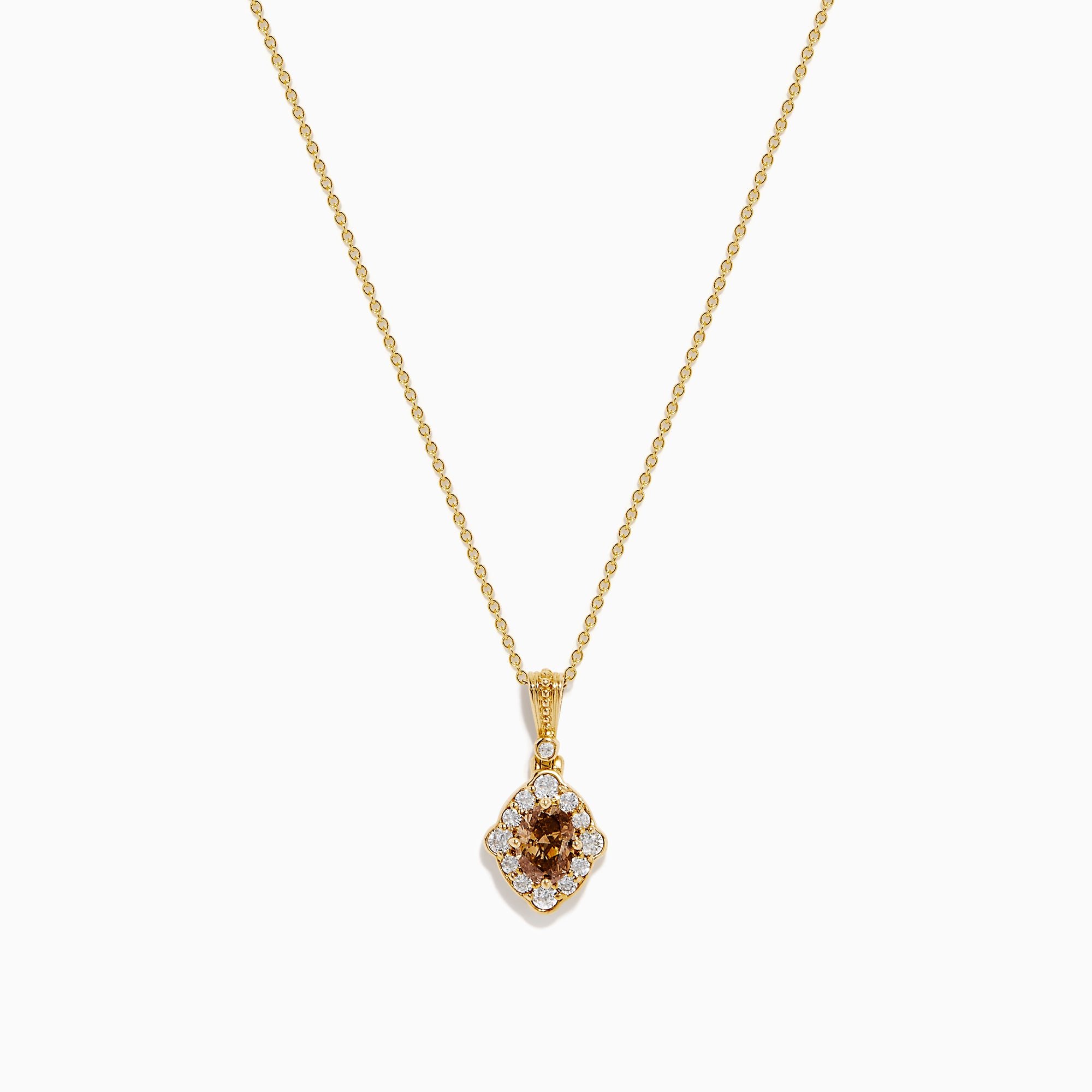 The 14K Yellow Gold Brown and White Diamond Pendant features a delicate gold chain with a central brown diamond, accented by smaller white diamonds in a floral-inspired design.