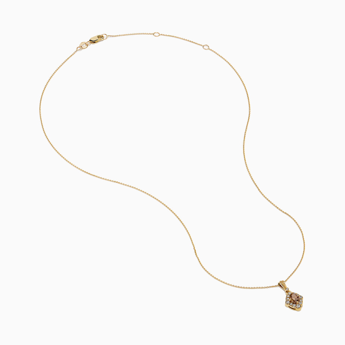 The 14K Yellow Gold Brown and White Diamond Pendant features a delicate gold chain with a central brown diamond, accented by smaller white diamonds in a floral-inspired design.