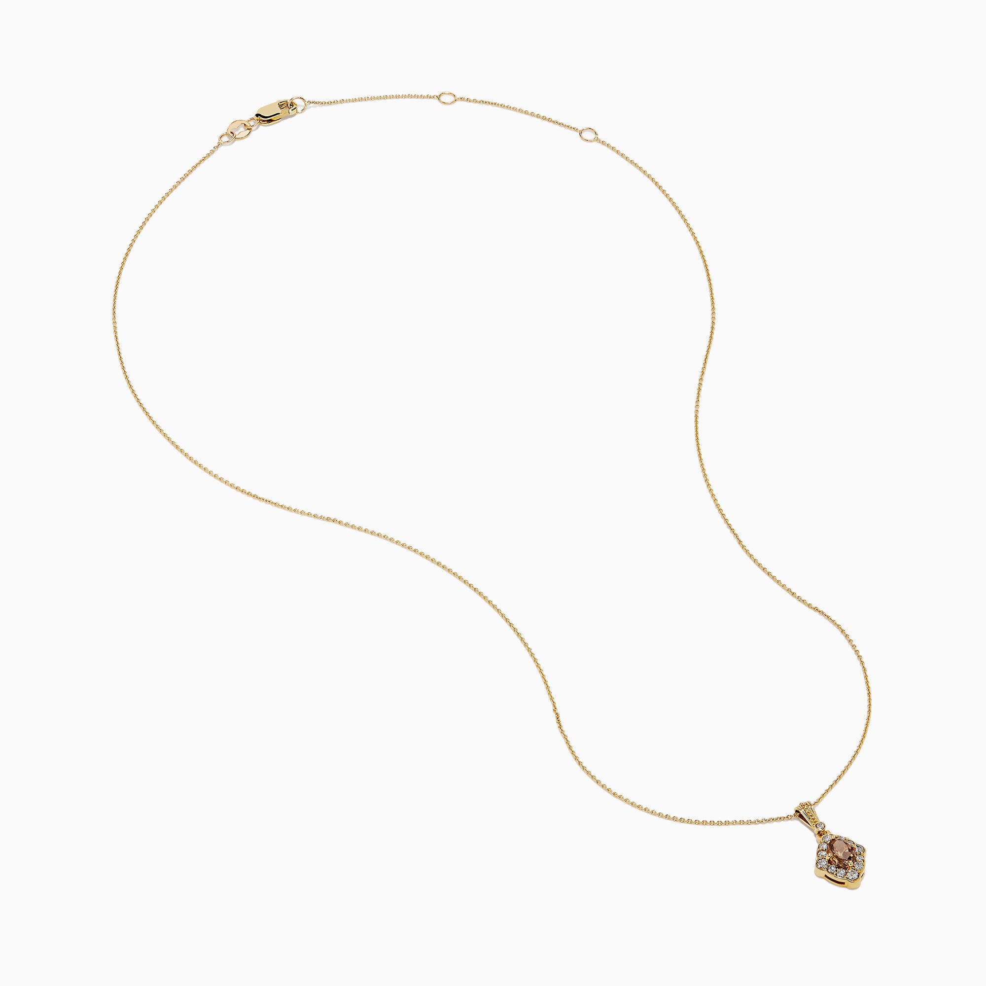 The 14K Yellow Gold Brown and White Diamond Pendant features a delicate gold chain with a central brown diamond, accented by smaller white diamonds in a floral-inspired design.