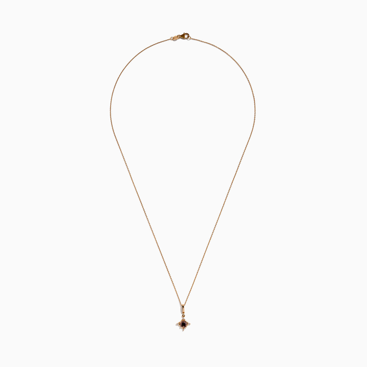 The 14K Rose Gold Brown and White Diamond Pendant features a round brown and white diamond in a star-shaped design with small white stones, shown on a gold chain necklace against a white background.