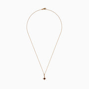 The 14K Rose Gold Brown and White Diamond Pendant features a round brown and white diamond in a star-shaped design with small white stones, shown on a gold chain necklace against a white background.