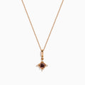 The 14K Rose Gold Brown and White Diamond Pendant features a round brown and white diamond in a star-shaped design with small white stones, shown on a gold chain necklace against a white background.