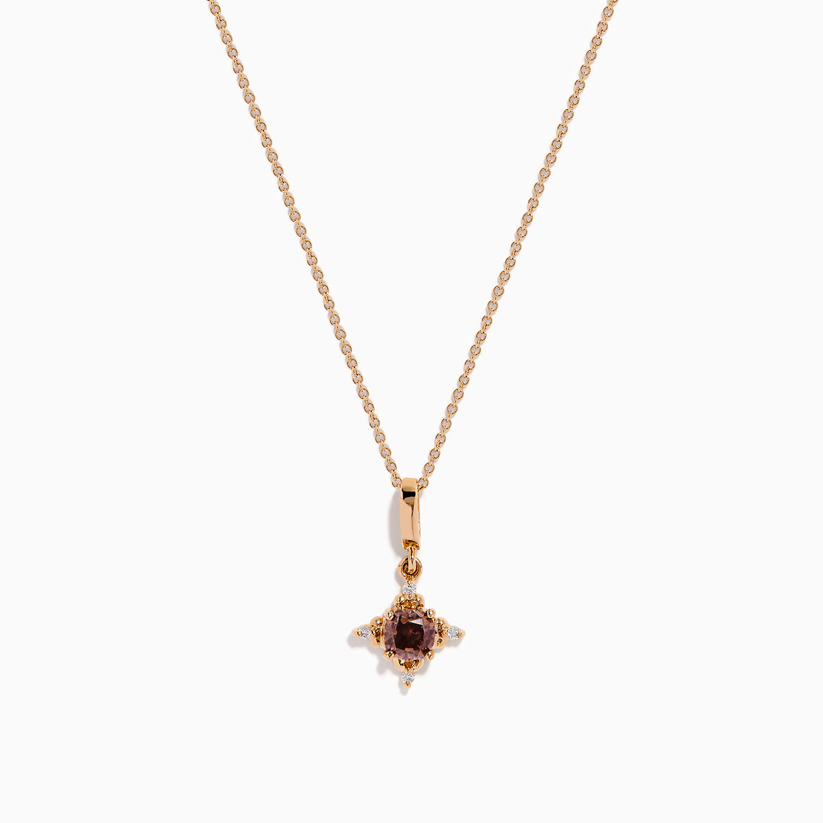 The 14K Rose Gold Brown and White Diamond Pendant features a round brown and white diamond in a star-shaped design with small white stones, shown on a gold chain necklace against a white background.