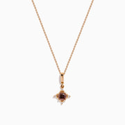 The 14K Rose Gold Brown and White Diamond Pendant features a round brown and white diamond in a star-shaped design with small white stones, shown on a gold chain necklace against a white background.