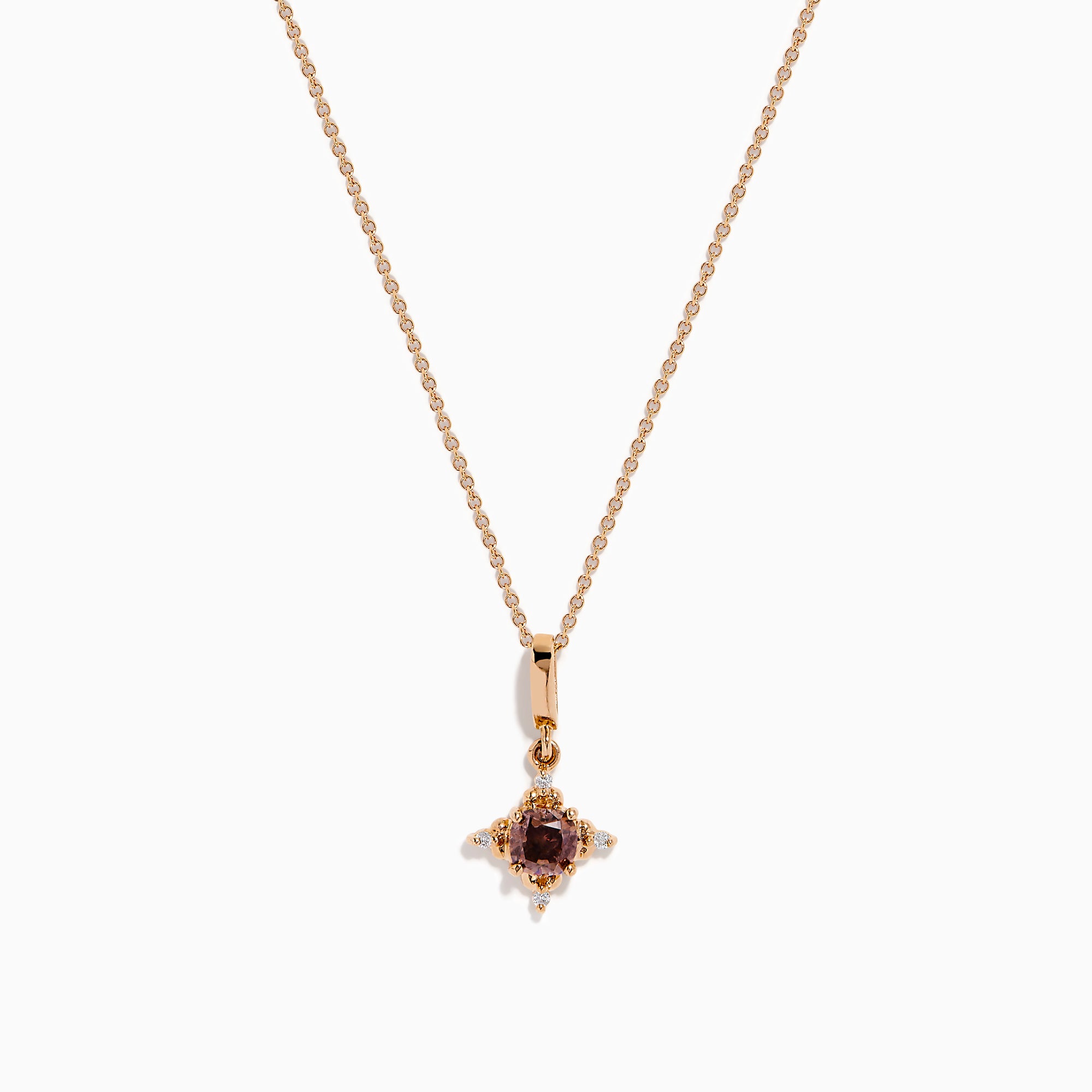 The 14K Rose Gold Brown and White Diamond Pendant features a round brown and white diamond in a star-shaped design with small white stones, shown on a gold chain necklace against a white background.