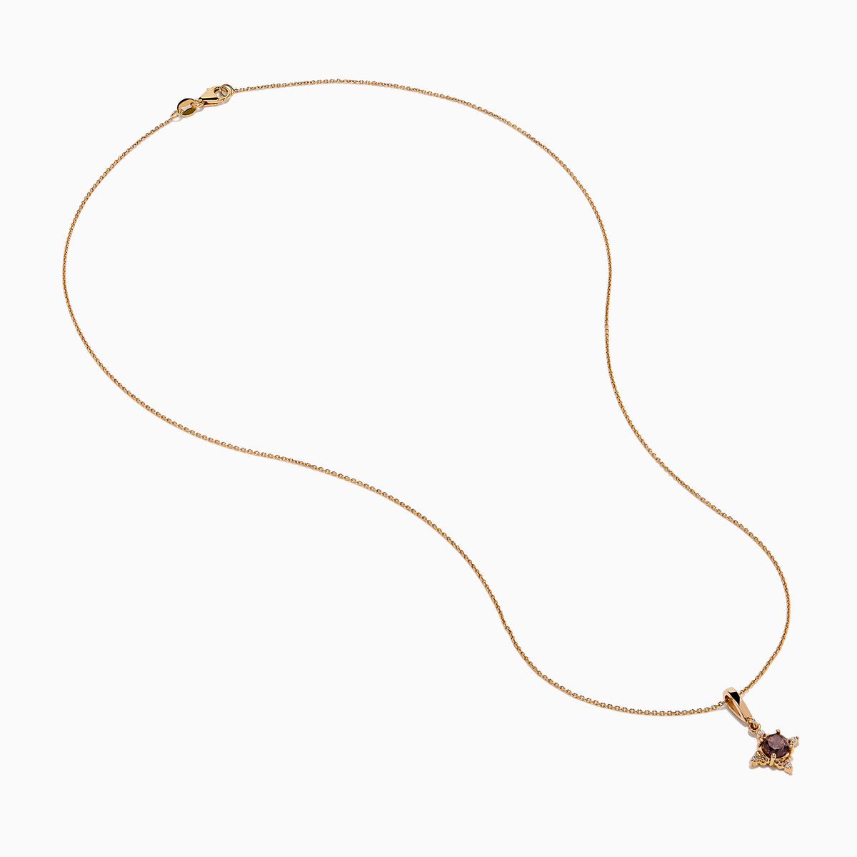 The 14K Rose Gold Brown and White Diamond Pendant features a round brown and white diamond in a star-shaped design with small white stones, shown on a gold chain necklace against a white background.