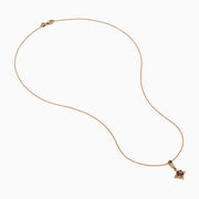 The 14K Rose Gold Brown and White Diamond Pendant features a round brown and white diamond in a star-shaped design with small white stones, shown on a gold chain necklace against a white background.