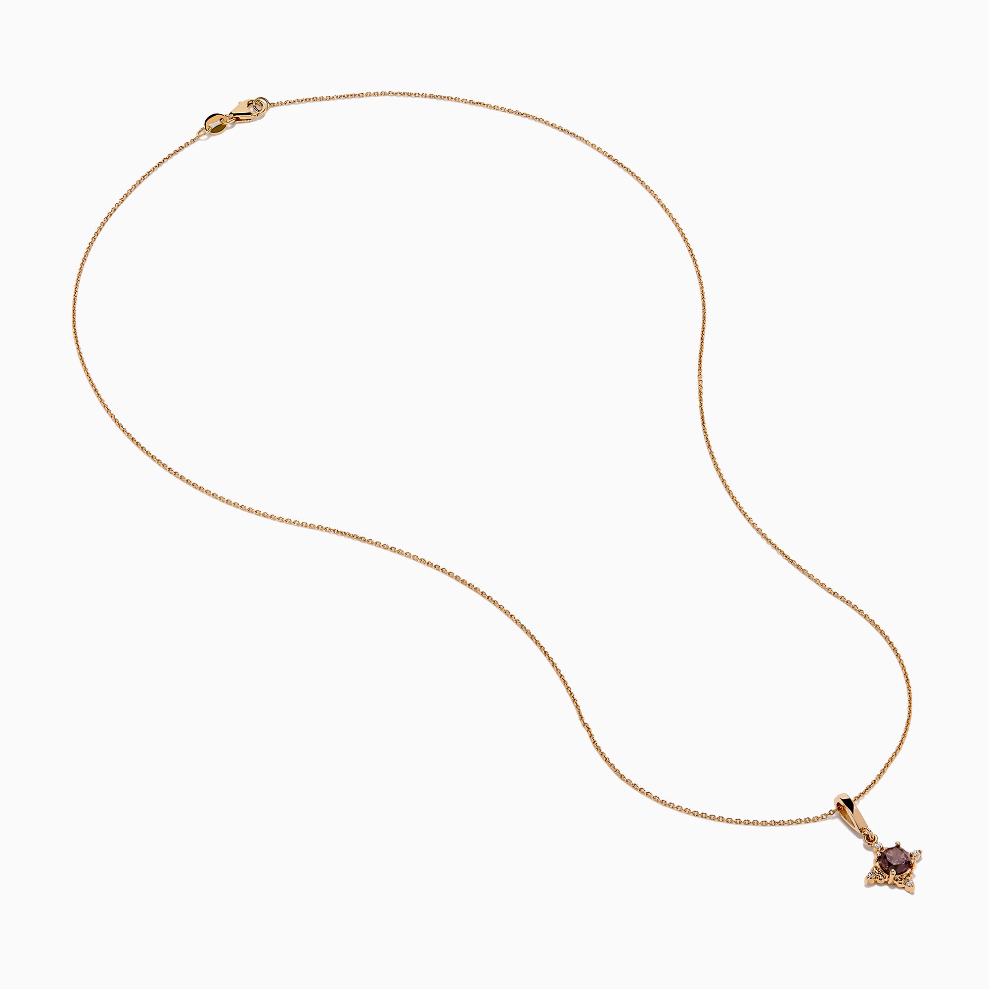 The 14K Rose Gold Brown and White Diamond Pendant features a round brown and white diamond in a star-shaped design with small white stones, shown on a gold chain necklace against a white background.