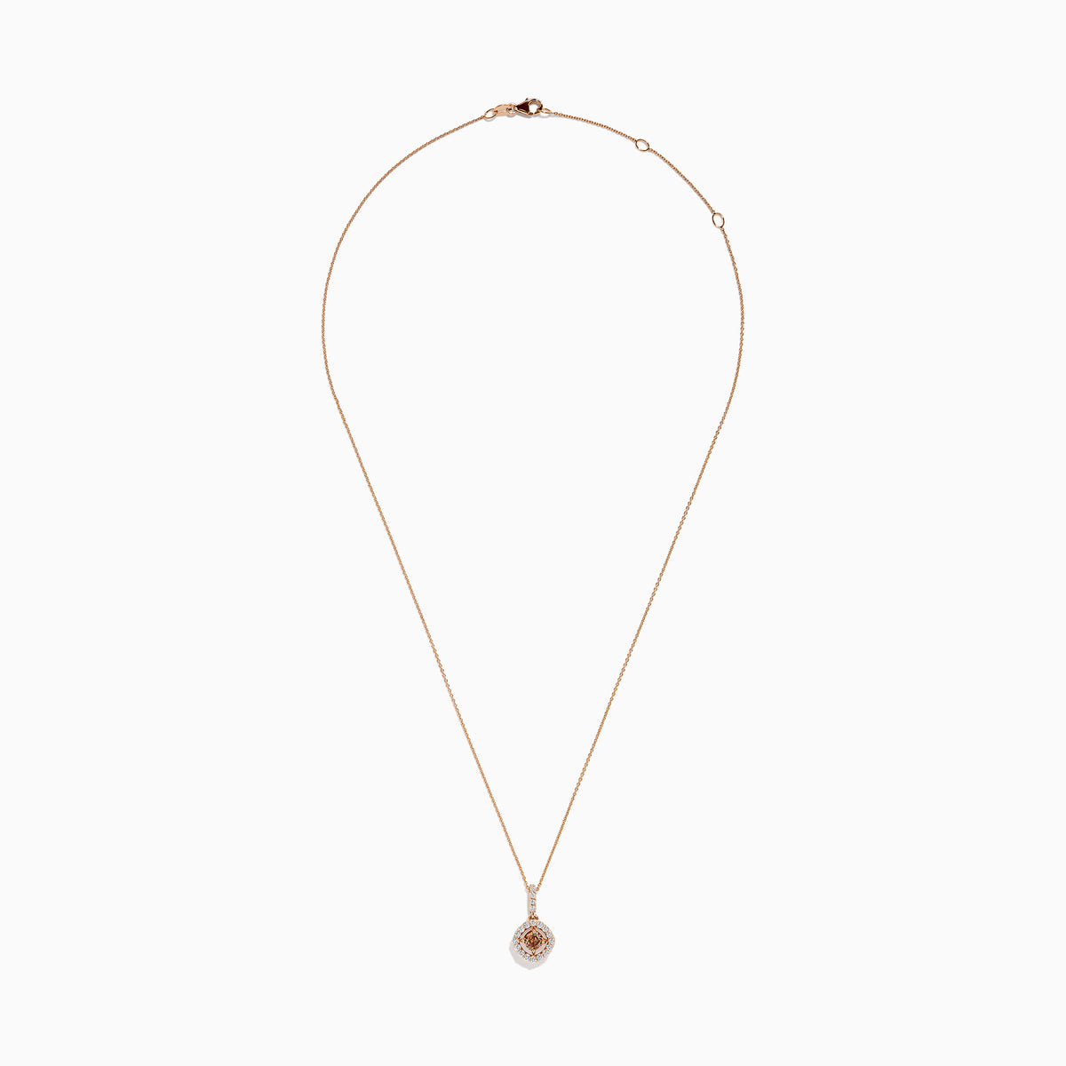 The Espresso 14K Rose Gold Brown and White Diamond Pendant features a delicate gold chain with a round brown gemstone center, haloed by small white diamonds, all set in elegant 14K rose gold.