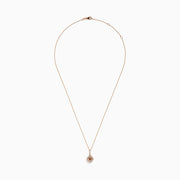 The Espresso 14K Rose Gold Brown and White Diamond Pendant features a delicate gold chain with a round brown gemstone center, haloed by small white diamonds, all set in elegant 14K rose gold.