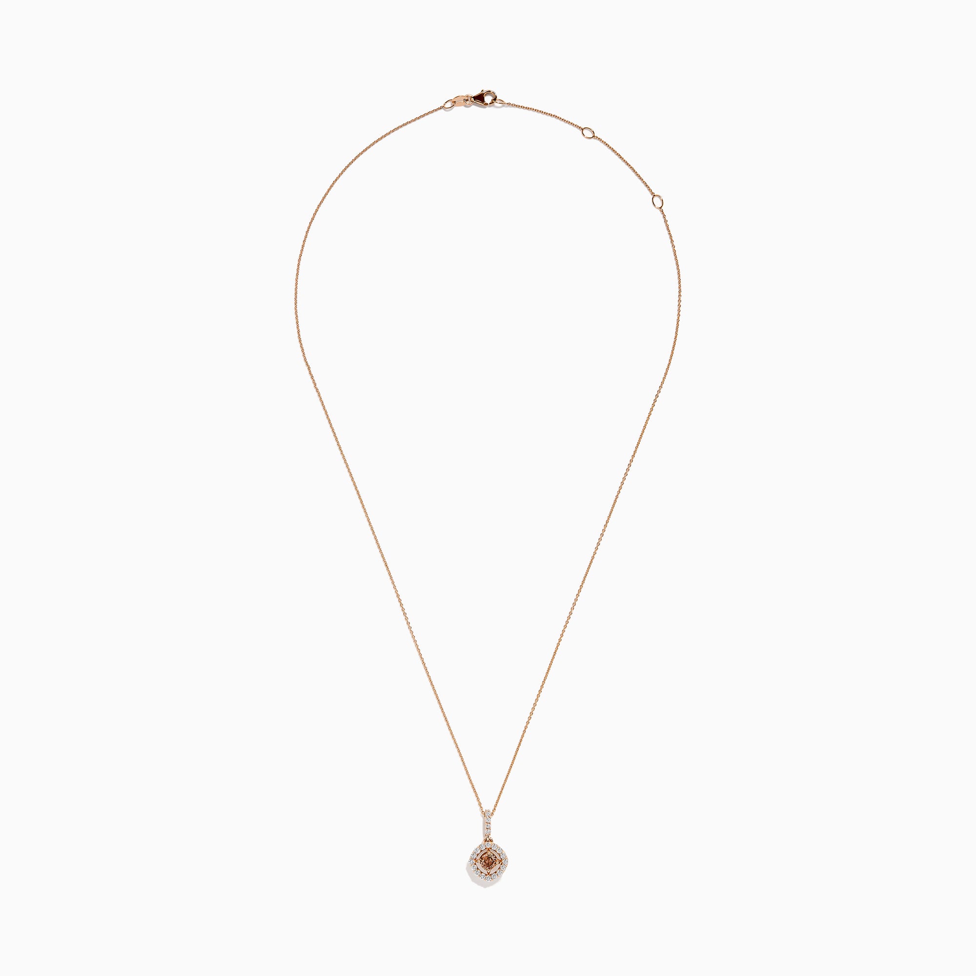 The Espresso 14K Rose Gold Brown and White Diamond Pendant features a delicate gold chain with a round brown gemstone center, haloed by small white diamonds, all set in elegant 14K rose gold.