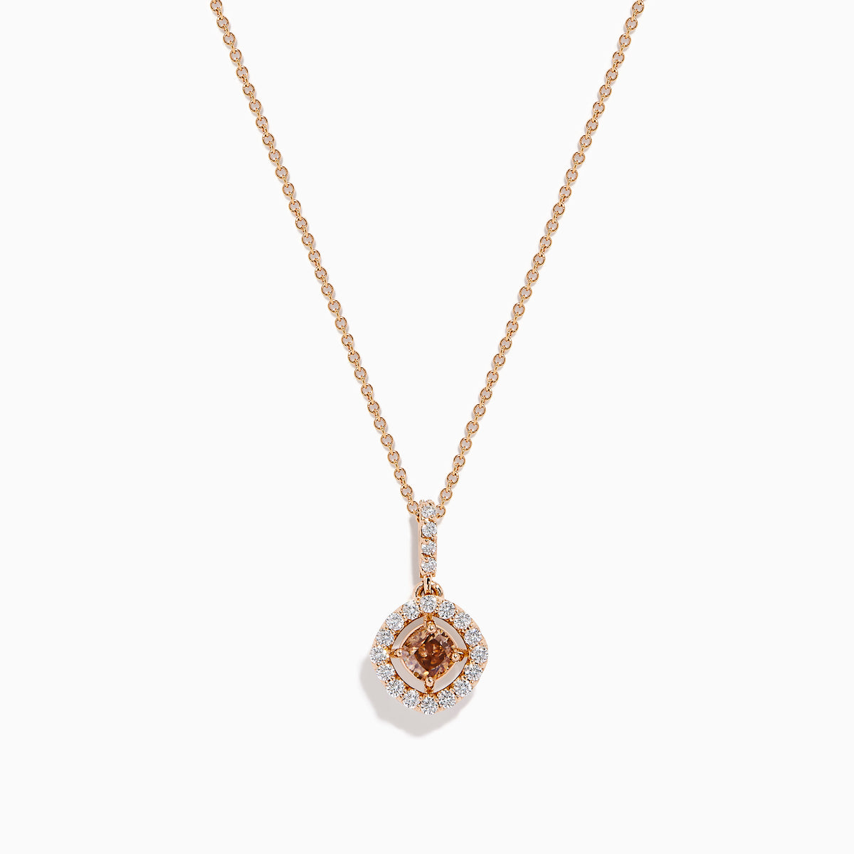 The Espresso 14K Rose Gold Brown and White Diamond Pendant features a delicate gold chain with a round brown gemstone center, haloed by small white diamonds, all set in elegant 14K rose gold.