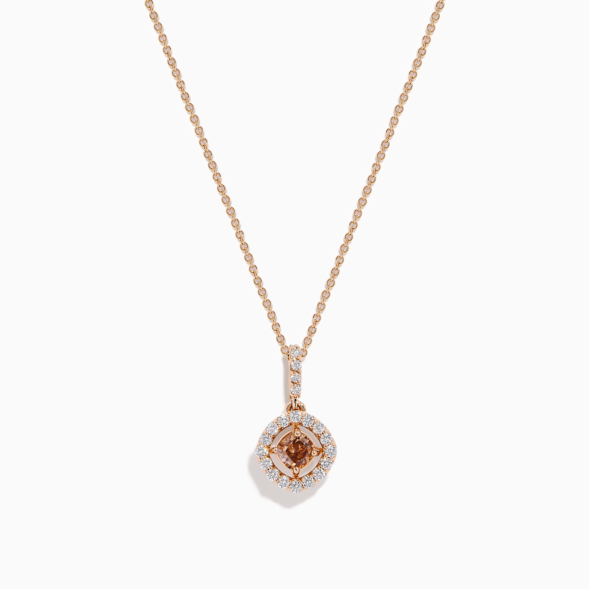 The Espresso 14K Rose Gold Brown and White Diamond Pendant features a delicate gold chain with a round brown gemstone center, haloed by small white diamonds, all set in elegant 14K rose gold.
