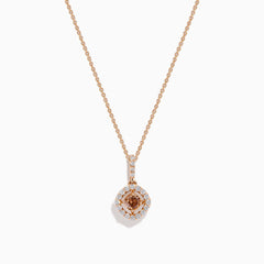 The Espresso 14K Rose Gold Brown and White Diamond Pendant features a delicate gold chain with a round brown gemstone center, haloed by small white diamonds, all set in elegant 14K rose gold.