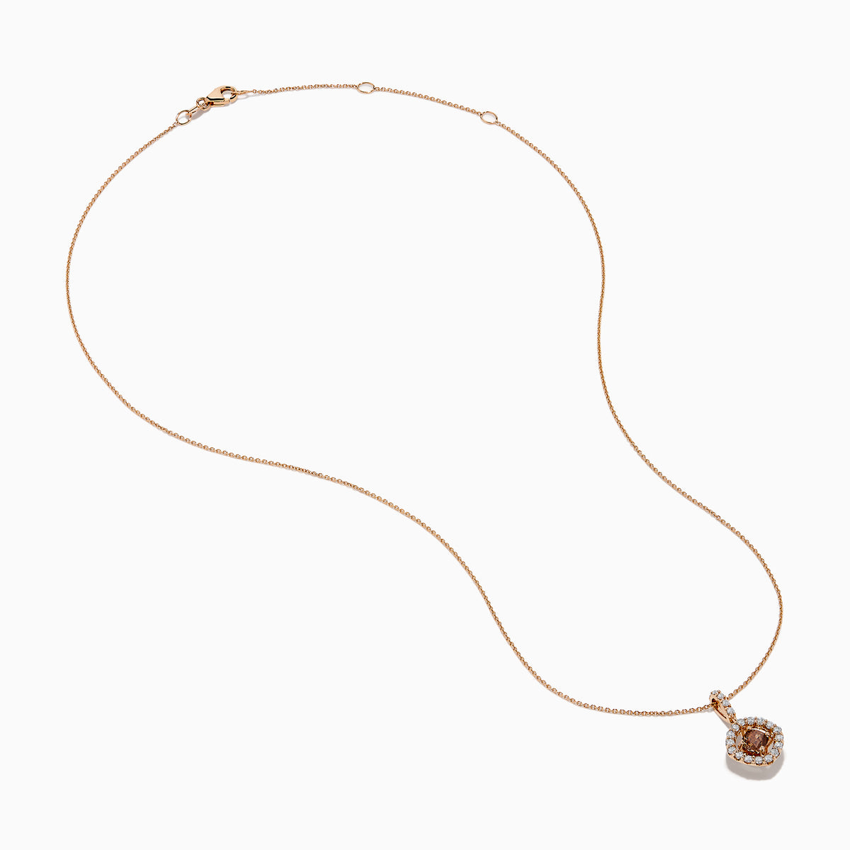 The Espresso 14K Rose Gold Brown and White Diamond Pendant features a delicate gold chain with a round brown gemstone center, haloed by small white diamonds, all set in elegant 14K rose gold.