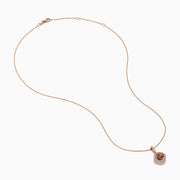 The Espresso 14K Rose Gold Brown and White Diamond Pendant features a delicate gold chain with a round brown gemstone center, haloed by small white diamonds, all set in elegant 14K rose gold.