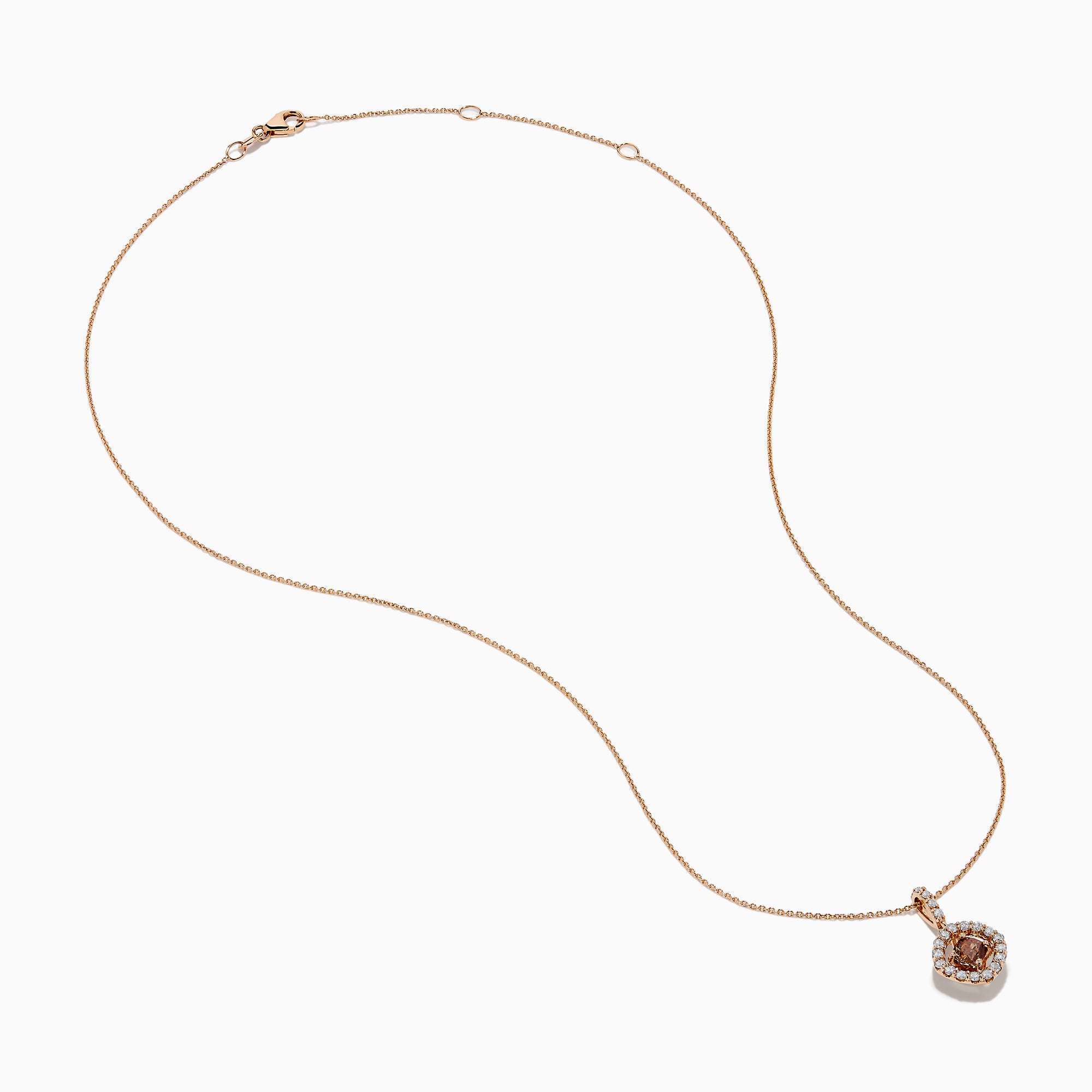 The Espresso 14K Rose Gold Brown and White Diamond Pendant features a delicate gold chain with a round brown gemstone center, haloed by small white diamonds, all set in elegant 14K rose gold.