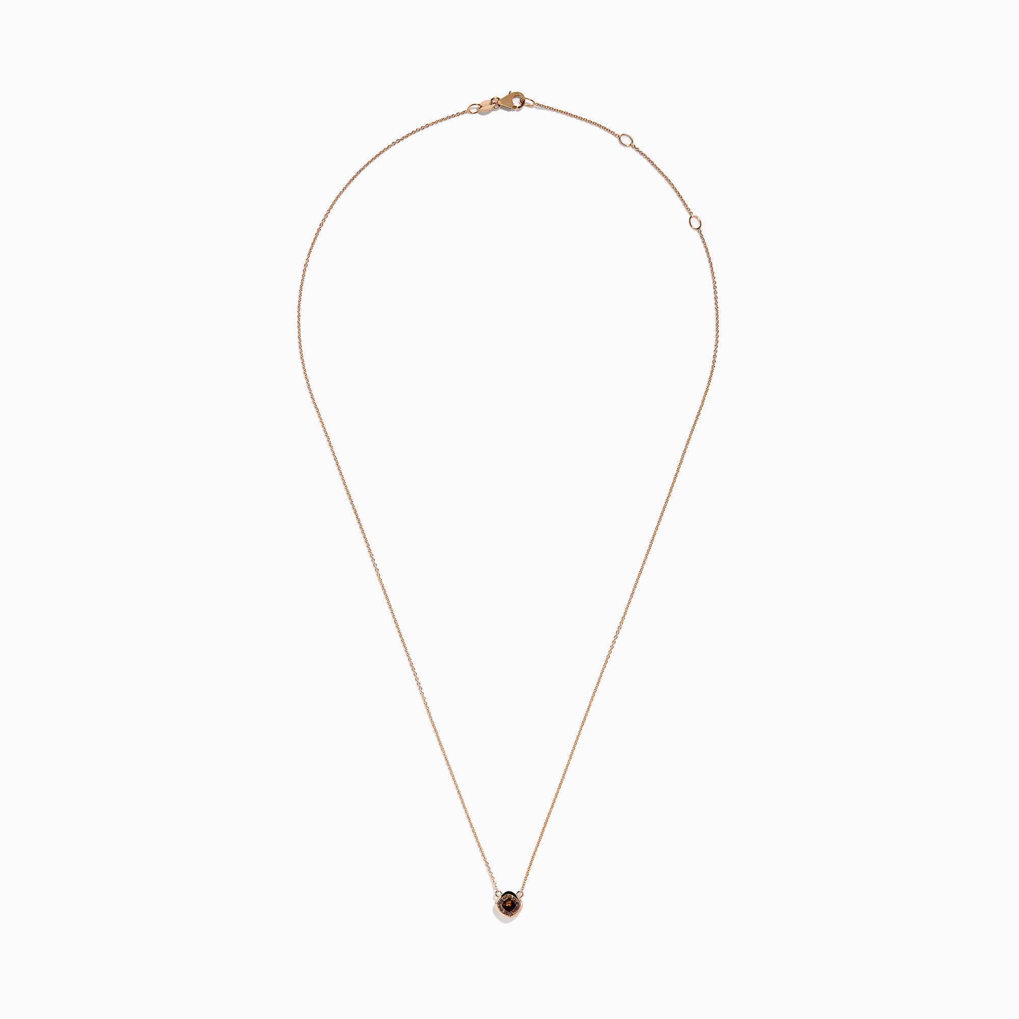 The Espresso 14K Rose Gold Brown Diamond Necklace features a delicate rose gold chain with a square pendant set with a rich brown diamond, all displayed against a plain white background.