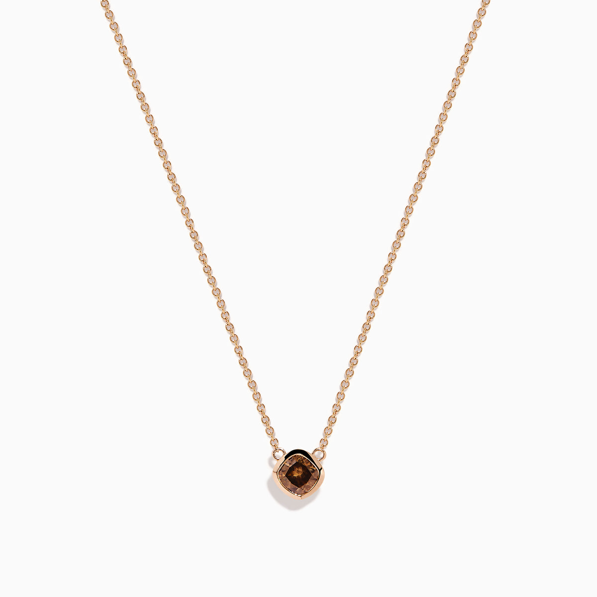 The Espresso 14K Rose Gold Brown Diamond Necklace features a delicate rose gold chain with a square pendant set with a rich brown diamond, all displayed against a plain white background.