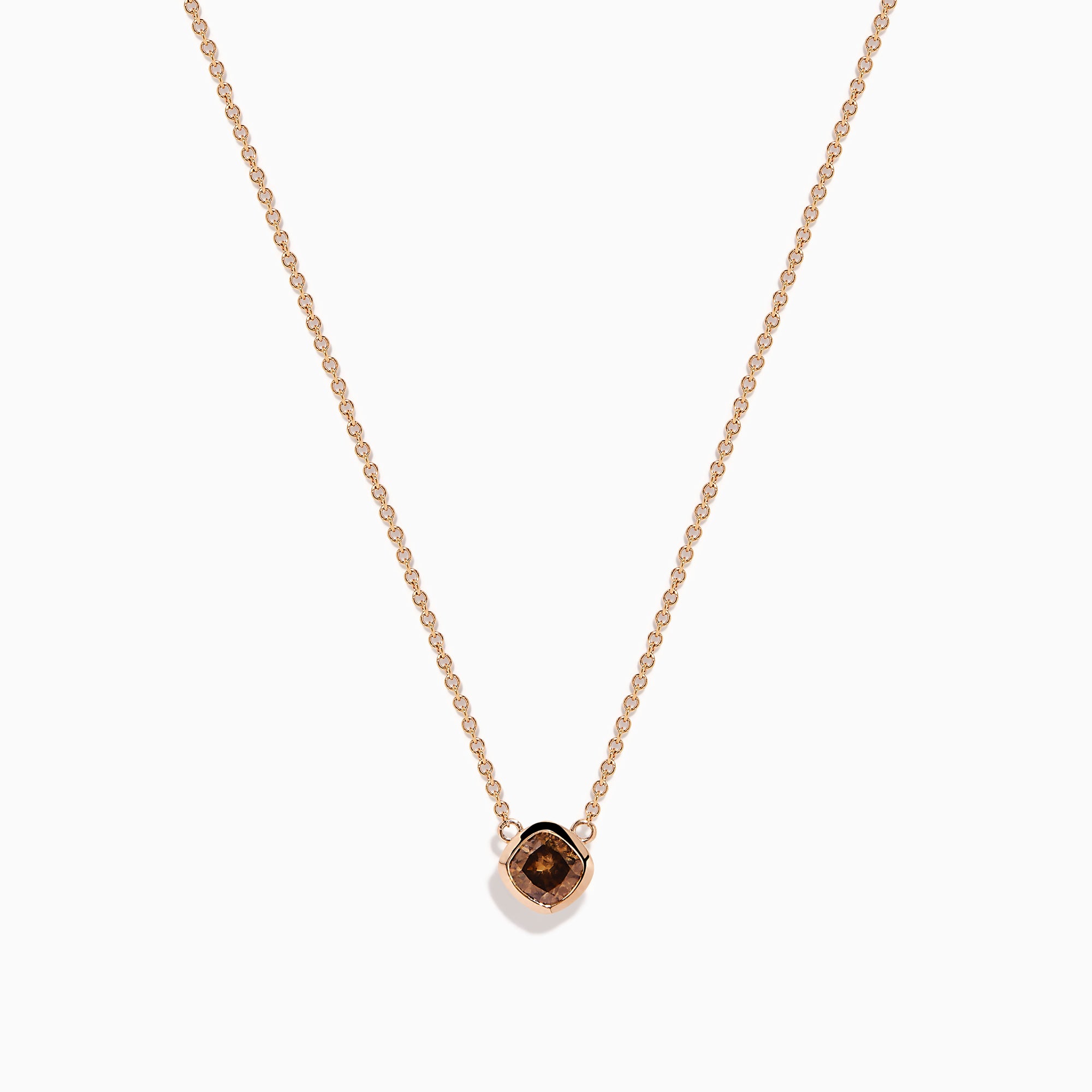 The Espresso 14K Rose Gold Brown Diamond Necklace features a delicate rose gold chain with a square pendant set with a rich brown diamond, all displayed against a plain white background.