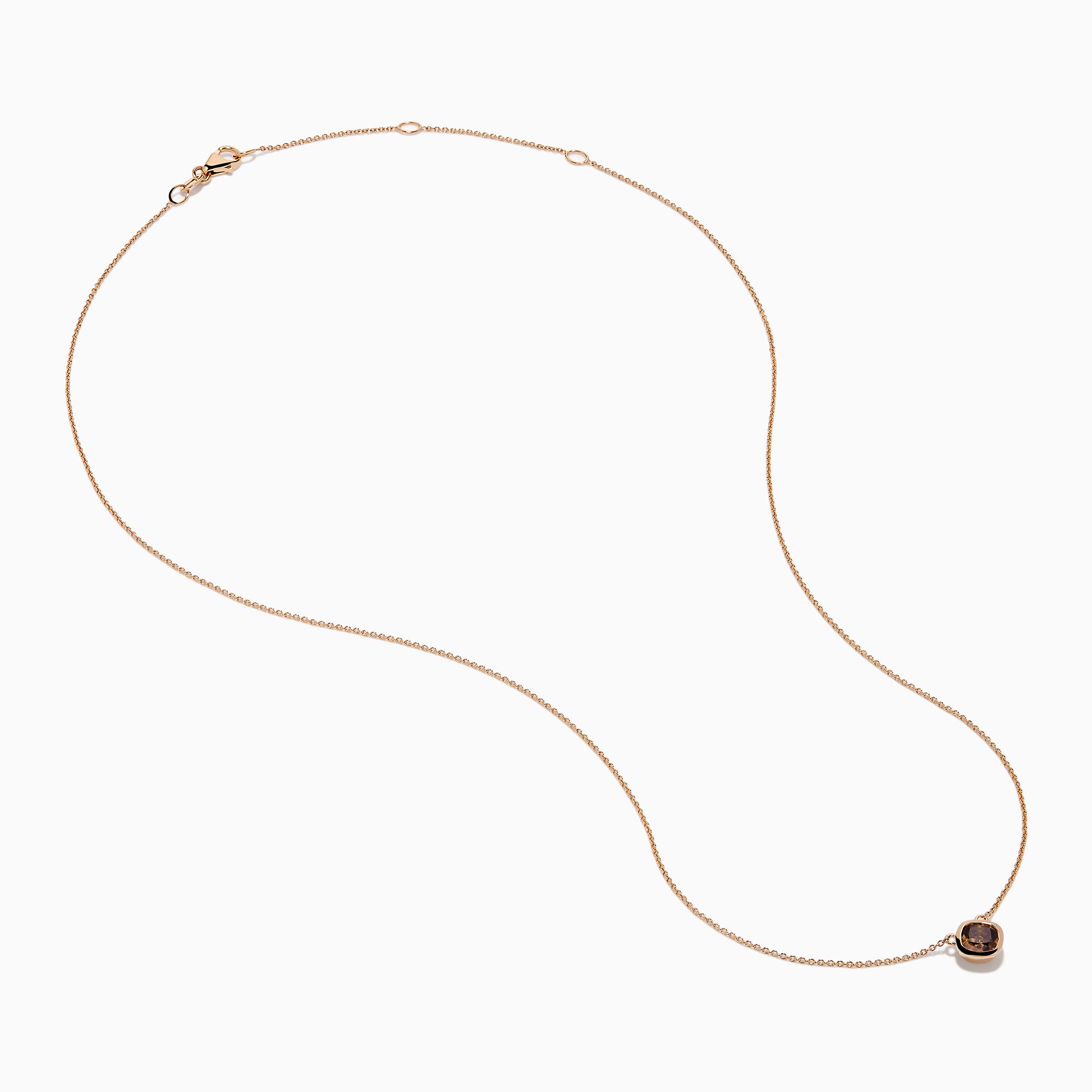 The Espresso 14K Rose Gold Brown Diamond Necklace features a delicate rose gold chain with a square pendant set with a rich brown diamond, all displayed against a plain white background.