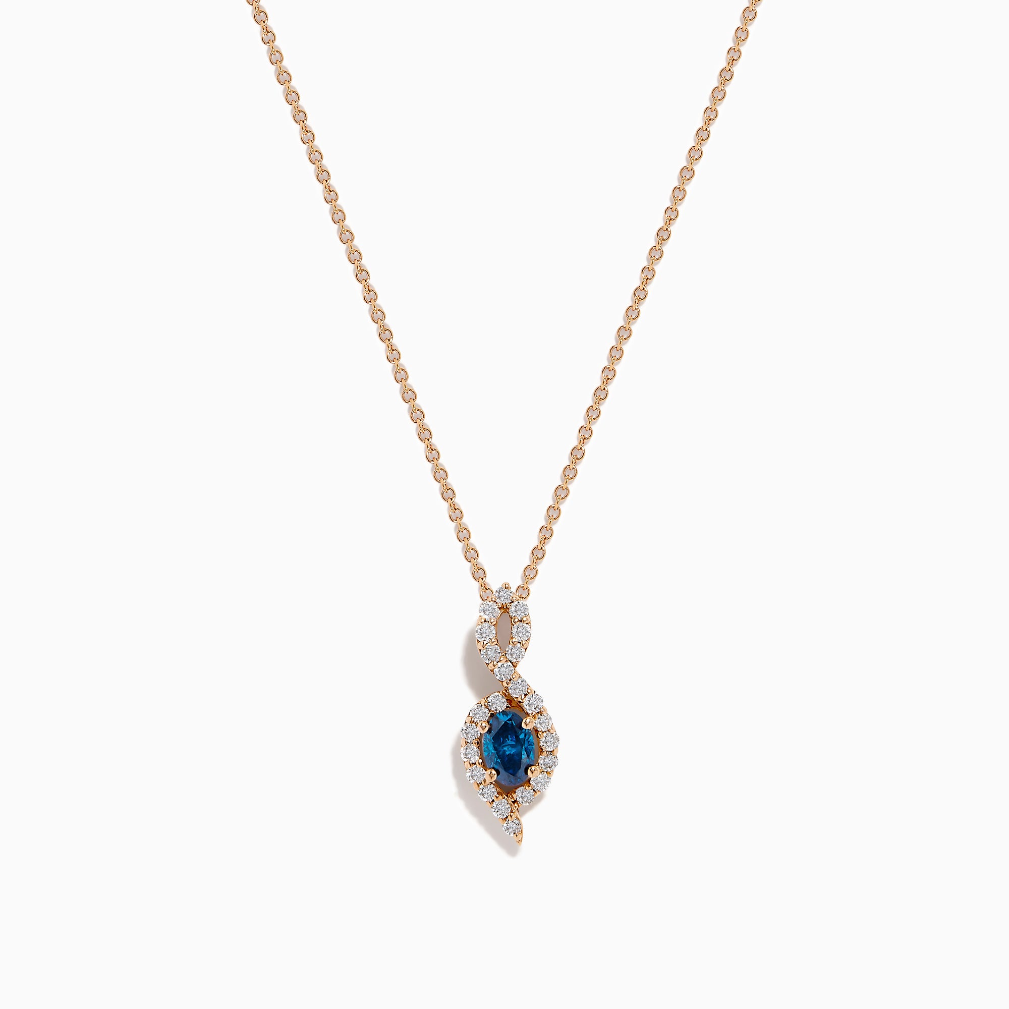 The 14K Rose Gold Blue and White Diamond Pendant features a deep blue oval gemstone with sparkling blue and white diamonds set in a twisting, teardrop-shaped design.