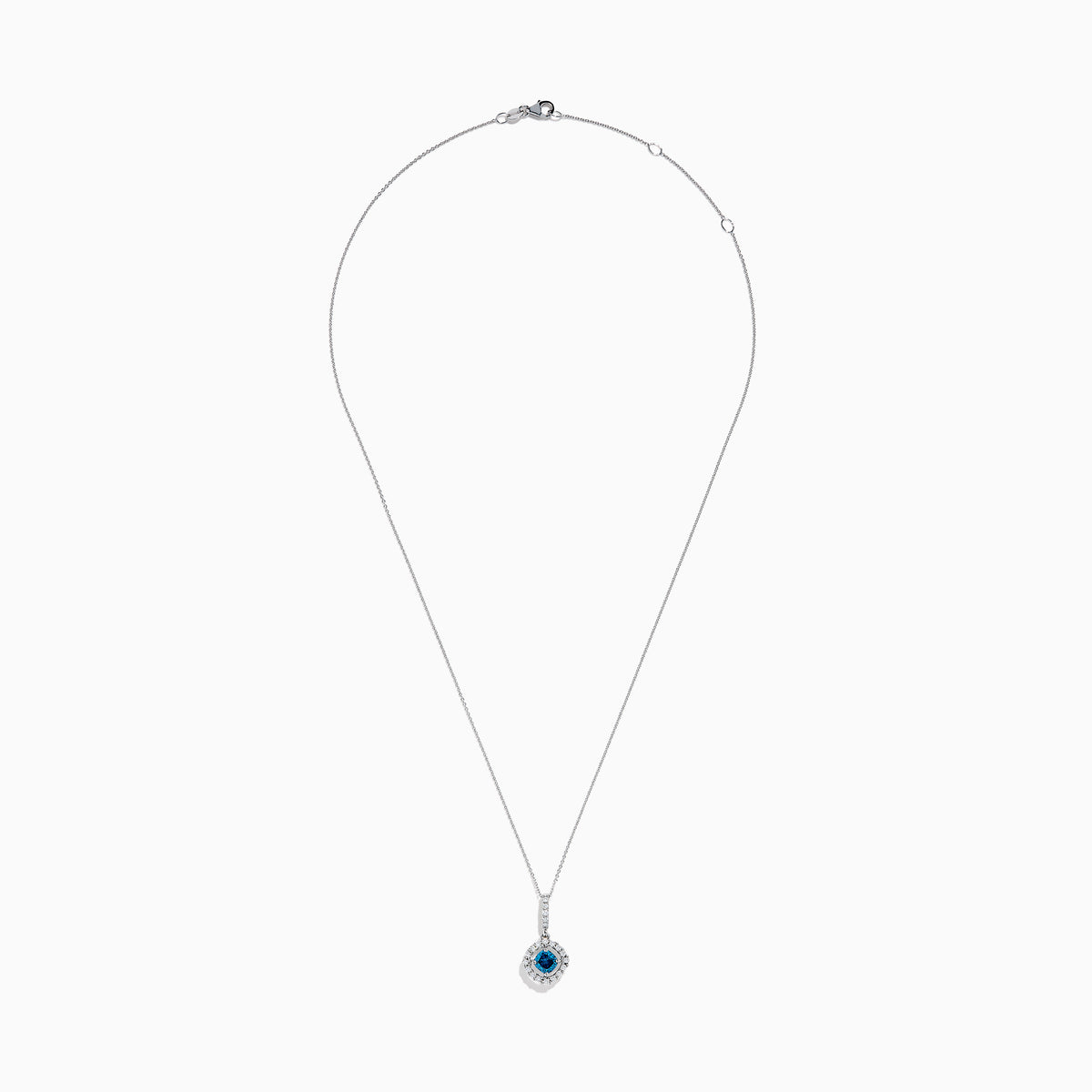 The Bella Bleu 14K White Gold Blue and White Diamond Pendant features a central blue diamond surrounded by a halo of white diamonds, displayed against a plain white background.