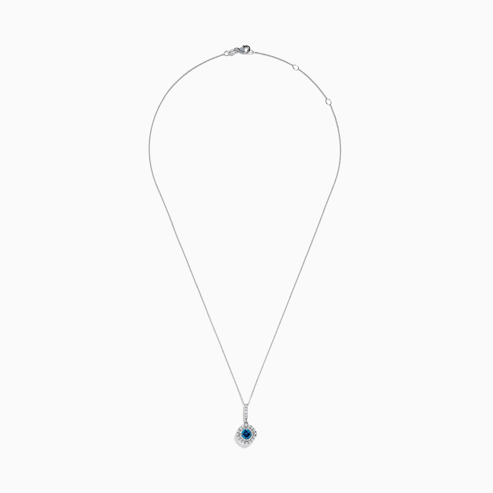 The Bella Bleu 14K White Gold Blue and White Diamond Pendant features a central blue diamond surrounded by a halo of white diamonds, displayed against a plain white background.
