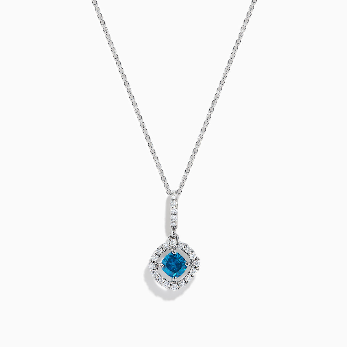 The Bella Bleu 14K White Gold Blue and White Diamond Pendant features a central blue diamond surrounded by a halo of white diamonds, displayed against a plain white background.