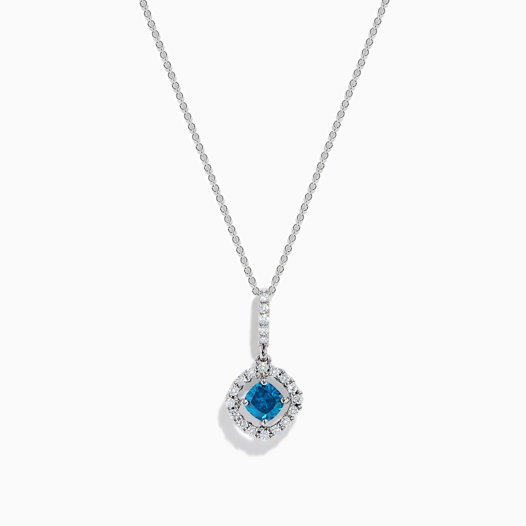 The Bella Bleu 14K White Gold Blue and White Diamond Pendant features a central blue diamond surrounded by a halo of white diamonds, displayed against a plain white background.
