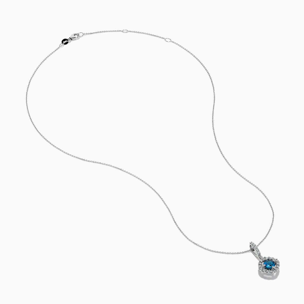 The Bella Bleu 14K White Gold Blue and White Diamond Pendant features a central blue diamond surrounded by a halo of white diamonds, displayed against a plain white background.