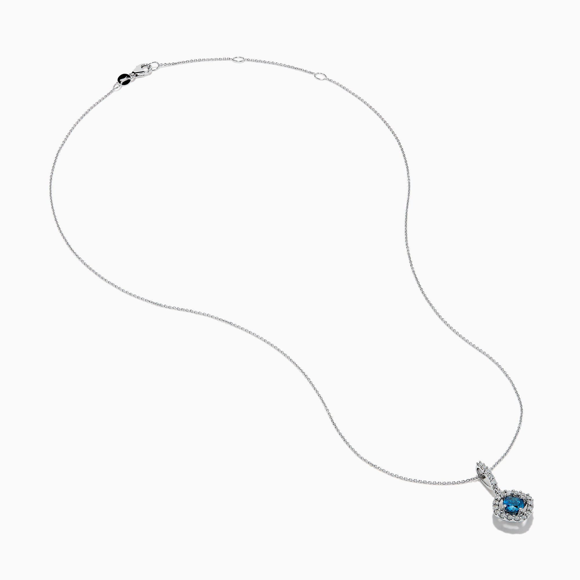 The Bella Bleu 14K White Gold Blue and White Diamond Pendant features a central blue diamond surrounded by a halo of white diamonds, displayed against a plain white background.
