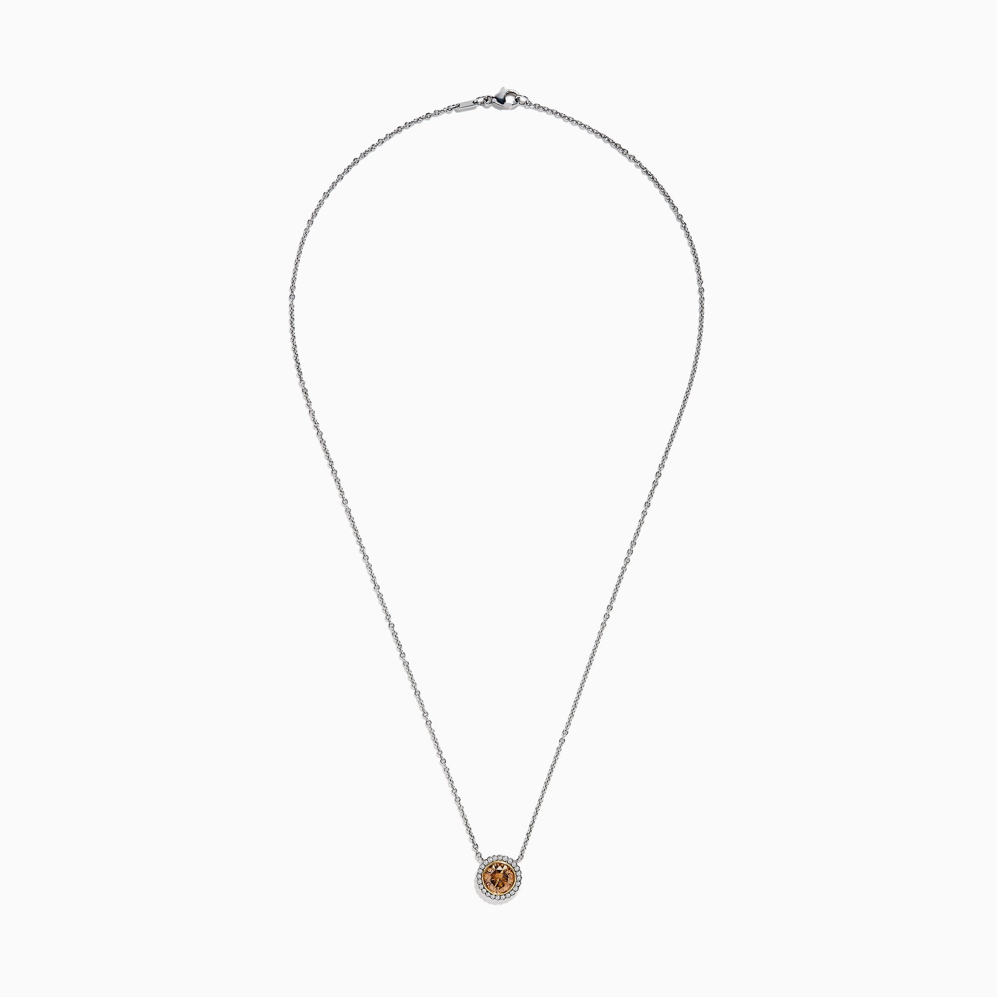 The Espresso 18K Two-Tone Gold Brown and White Diamond Necklace, featuring a round brown diamond surrounded by a halo of white diamonds, is elegantly displayed on a white background.
