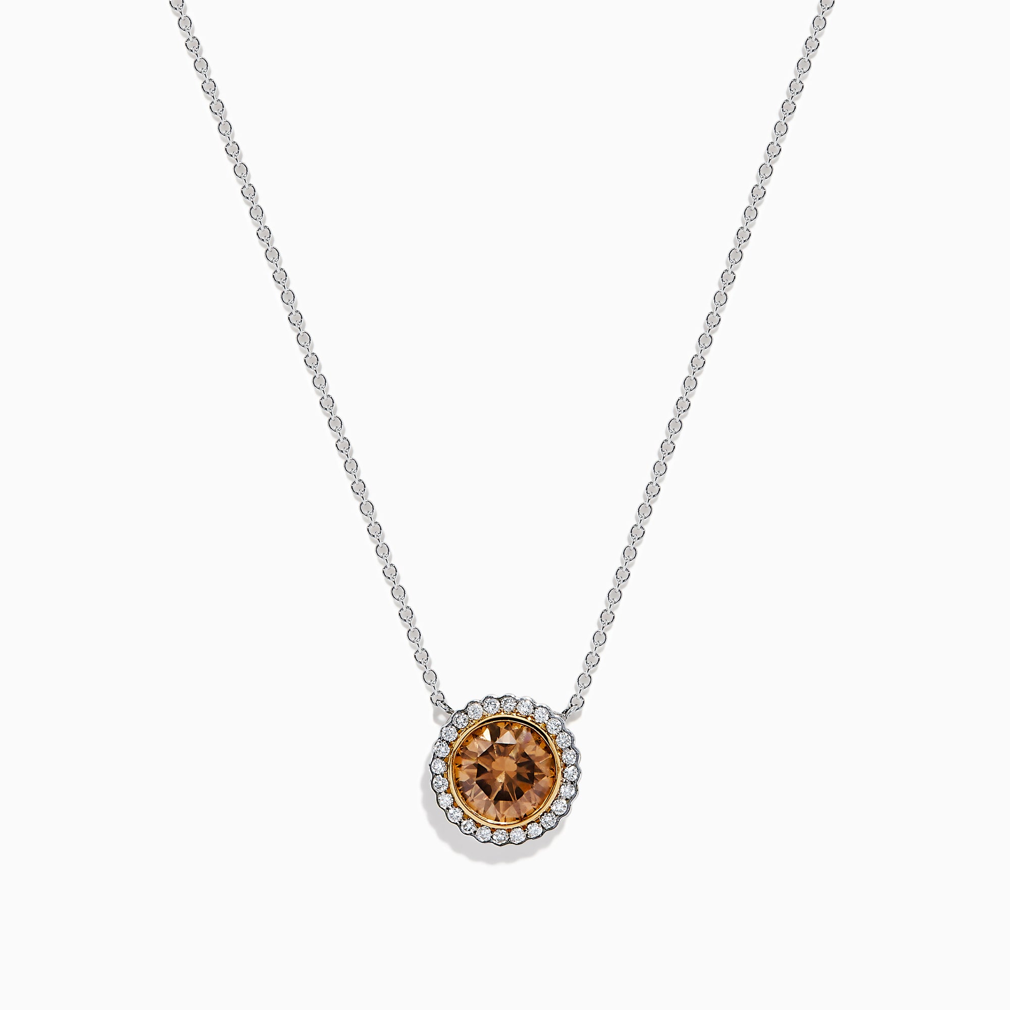 The Espresso 18K Two-Tone Gold Brown and White Diamond Necklace, featuring a round brown diamond surrounded by a halo of white diamonds, is elegantly displayed on a white background.