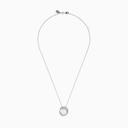 The 14K White Gold Fresh Water Pearl and Diamond Pendant features a round pendant with a central freshwater pearl, surrounded by sparkling diamonds, hanging from a fine white gold chain for an elegant look.